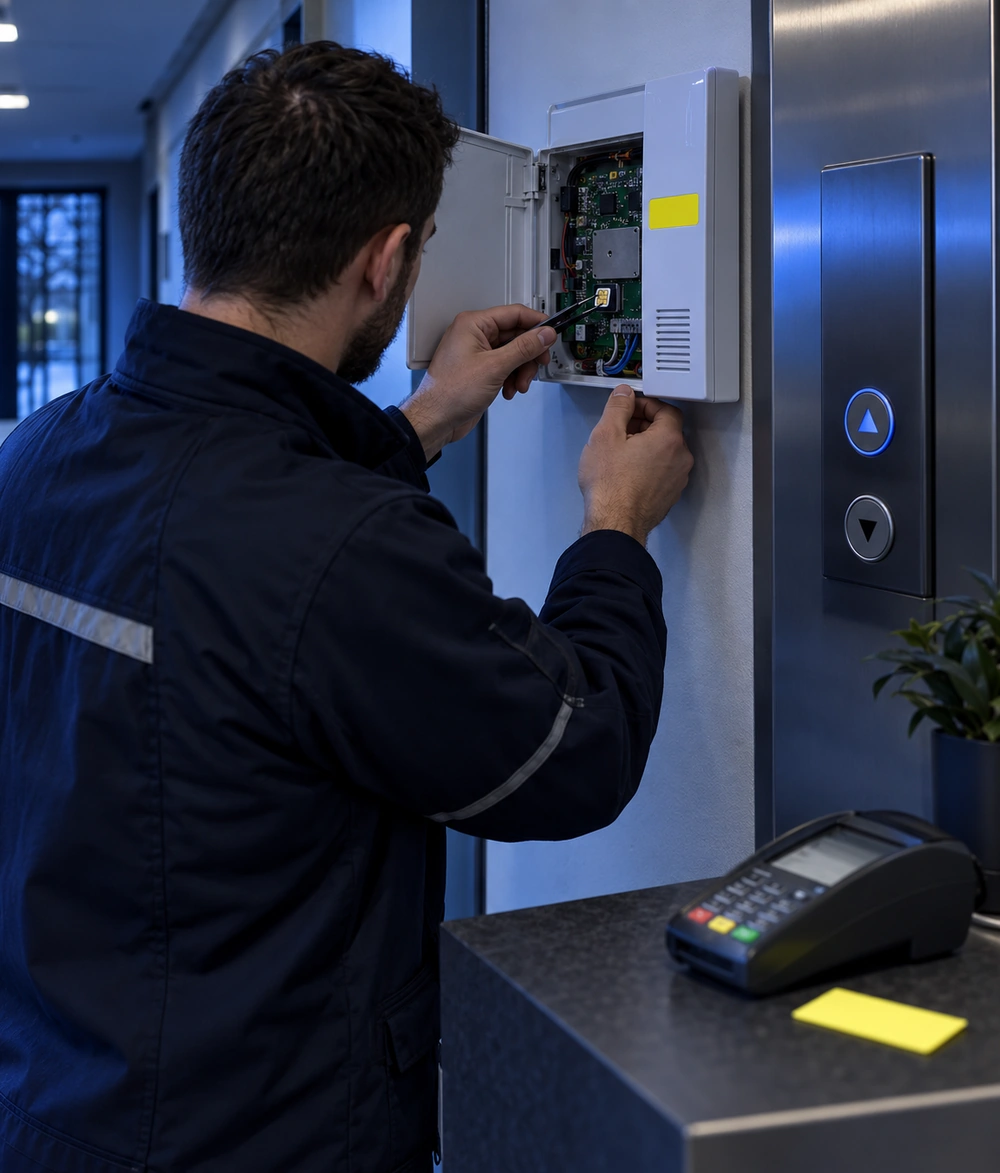 Technicien retirant la carte SIM 2G d'une centrale d'alarme murale dans une entreprise