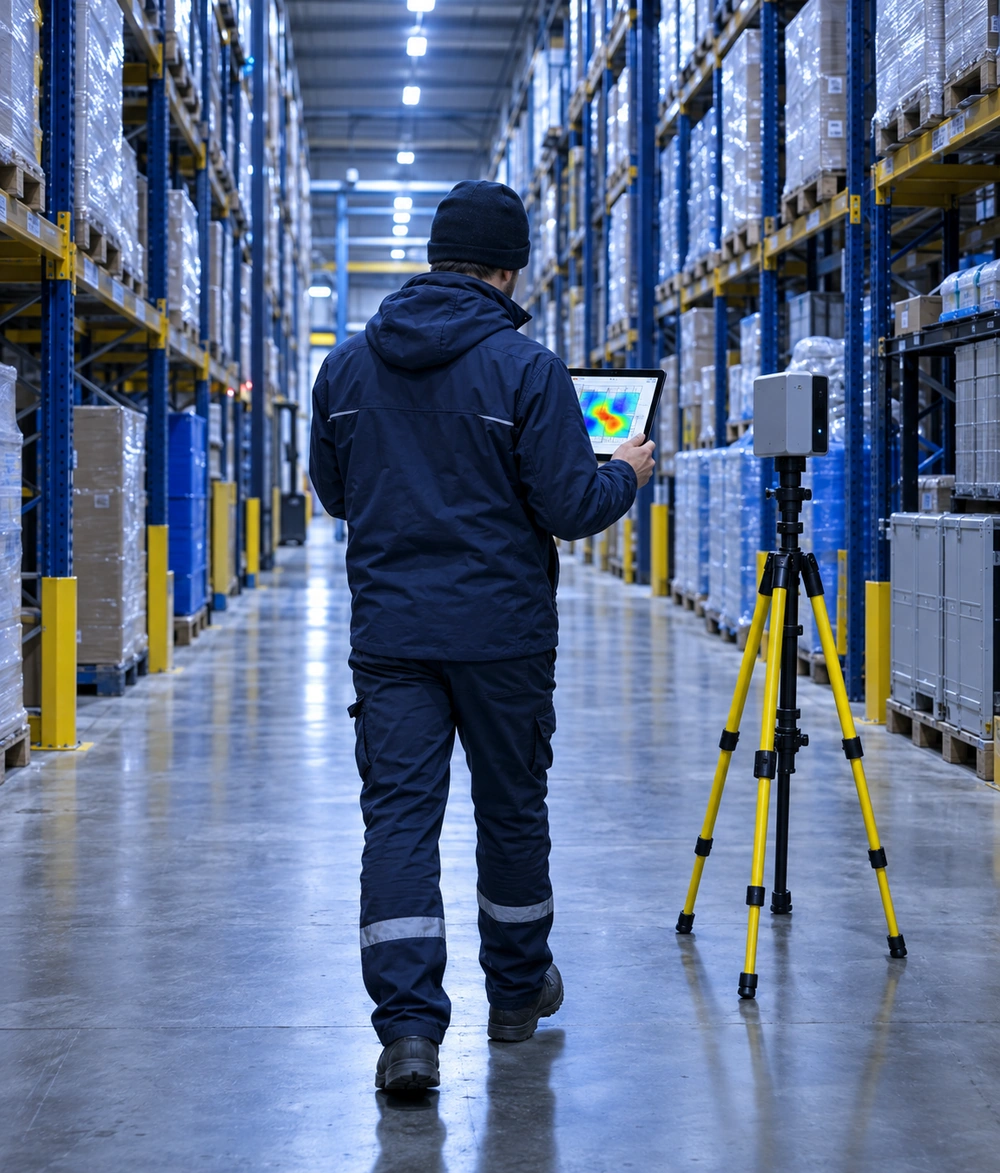 Technicien réalisant un site survey WiFi avec une tablette et une borne de mesure dans un entrepôt