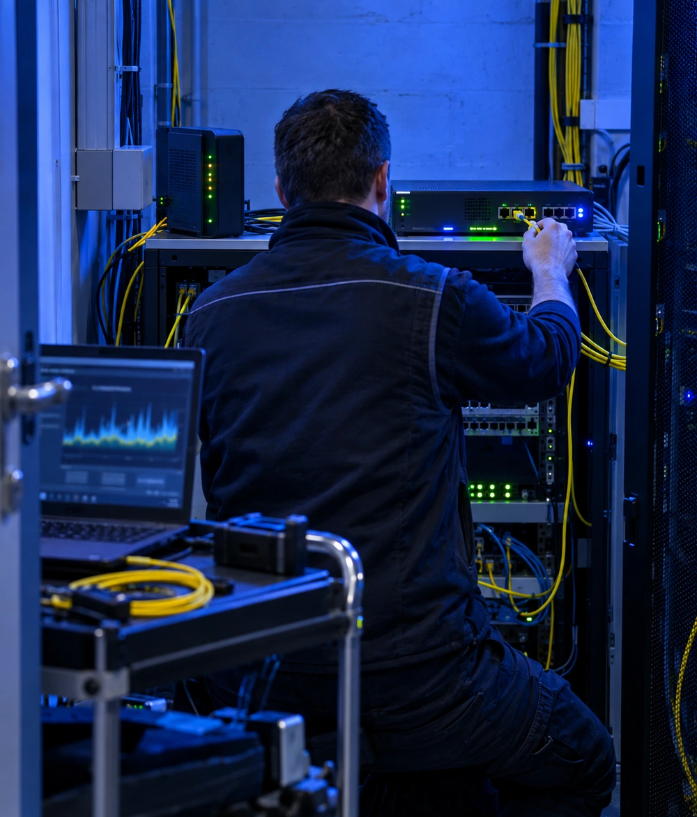 Technicien raccordant la fibre d'un nouvel opérateur internet dans la baie réseau d'une entreprise
