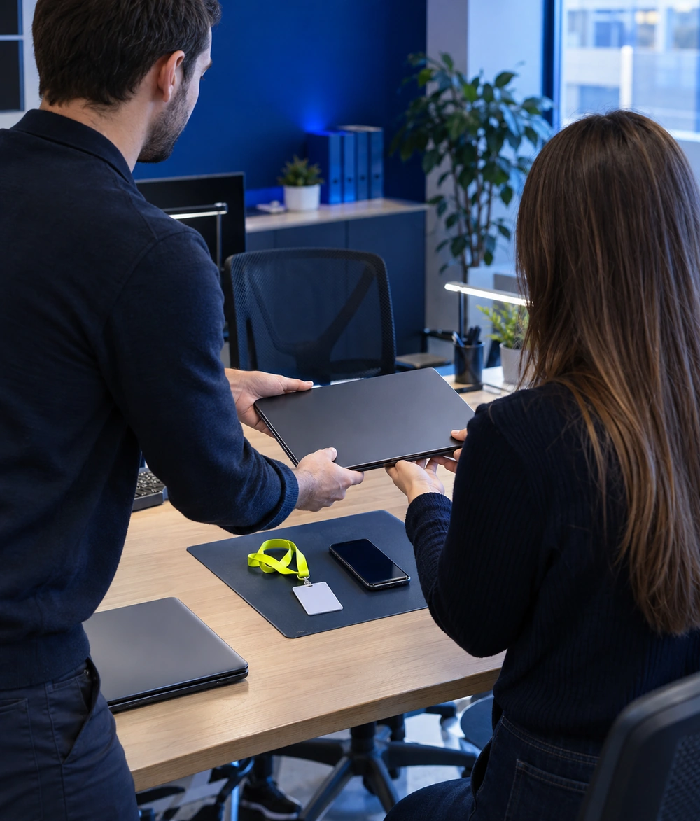 Technicien remettant un ordinateur portable à une nouvelle salariée à son arrivée