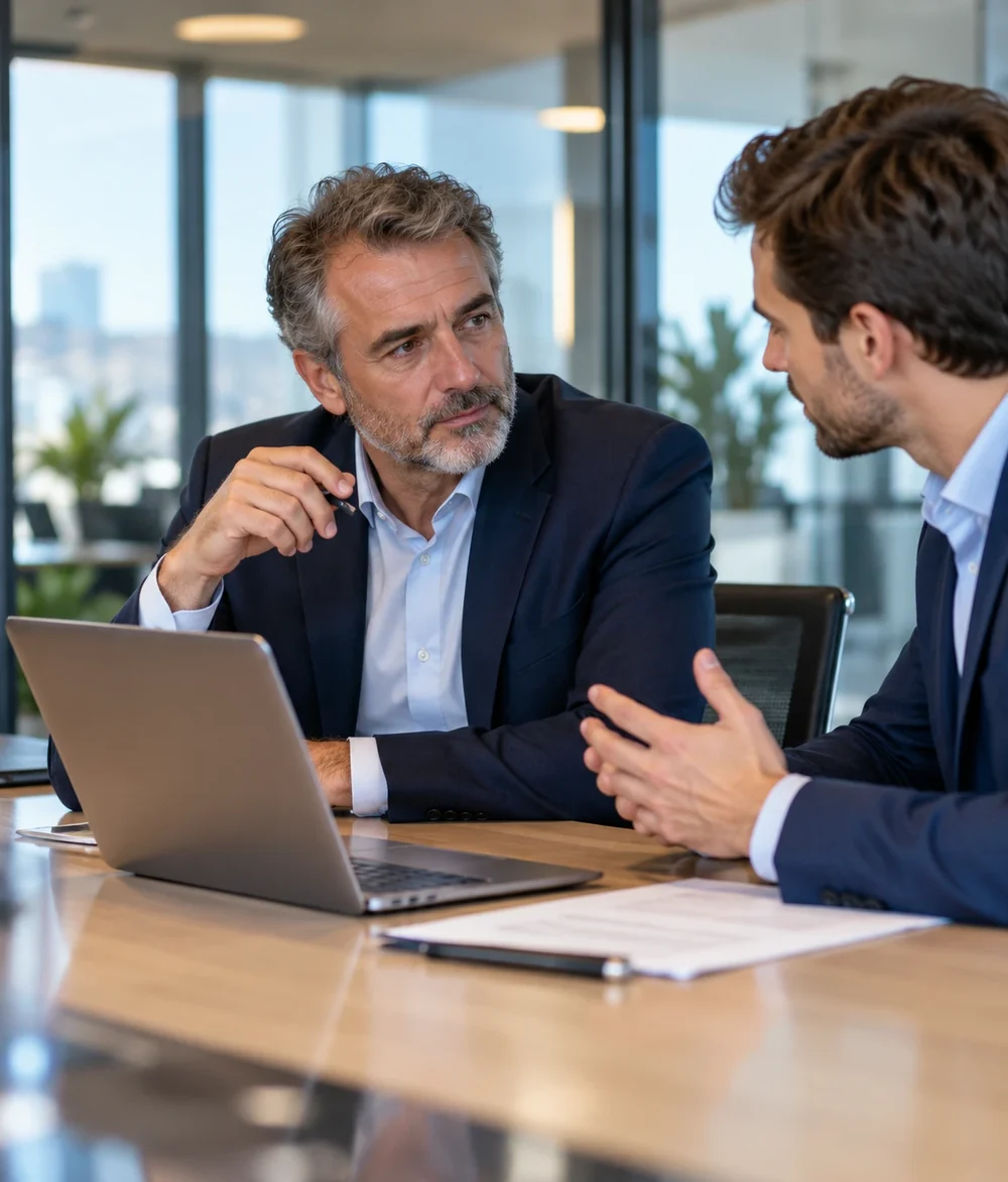 Dirigeant de PME échangeant avec un prestataire informatique autour d'une table de réunion