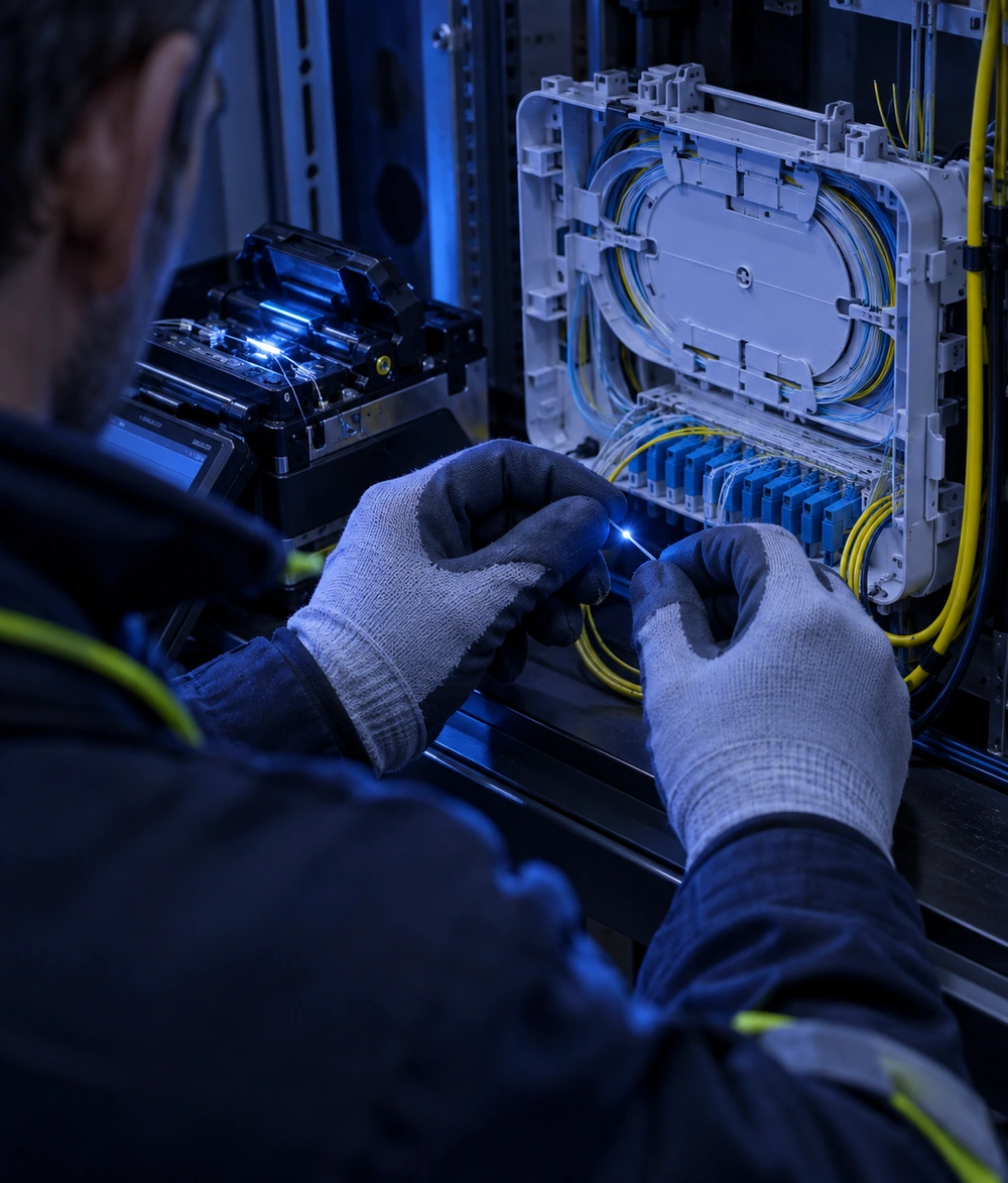 Technicien raccordant des fibres optiques dans un boîtier de raccordement