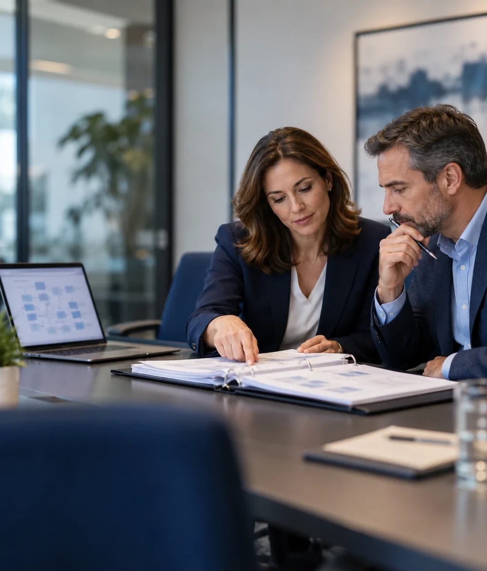 Auditeur informatique examinant la documentation technique avec le responsable d'une PME