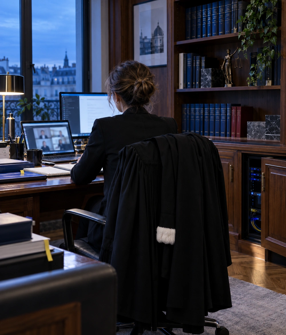 Avocate préparant une audience dématérialisée sur son ordinateur dans un cabinet