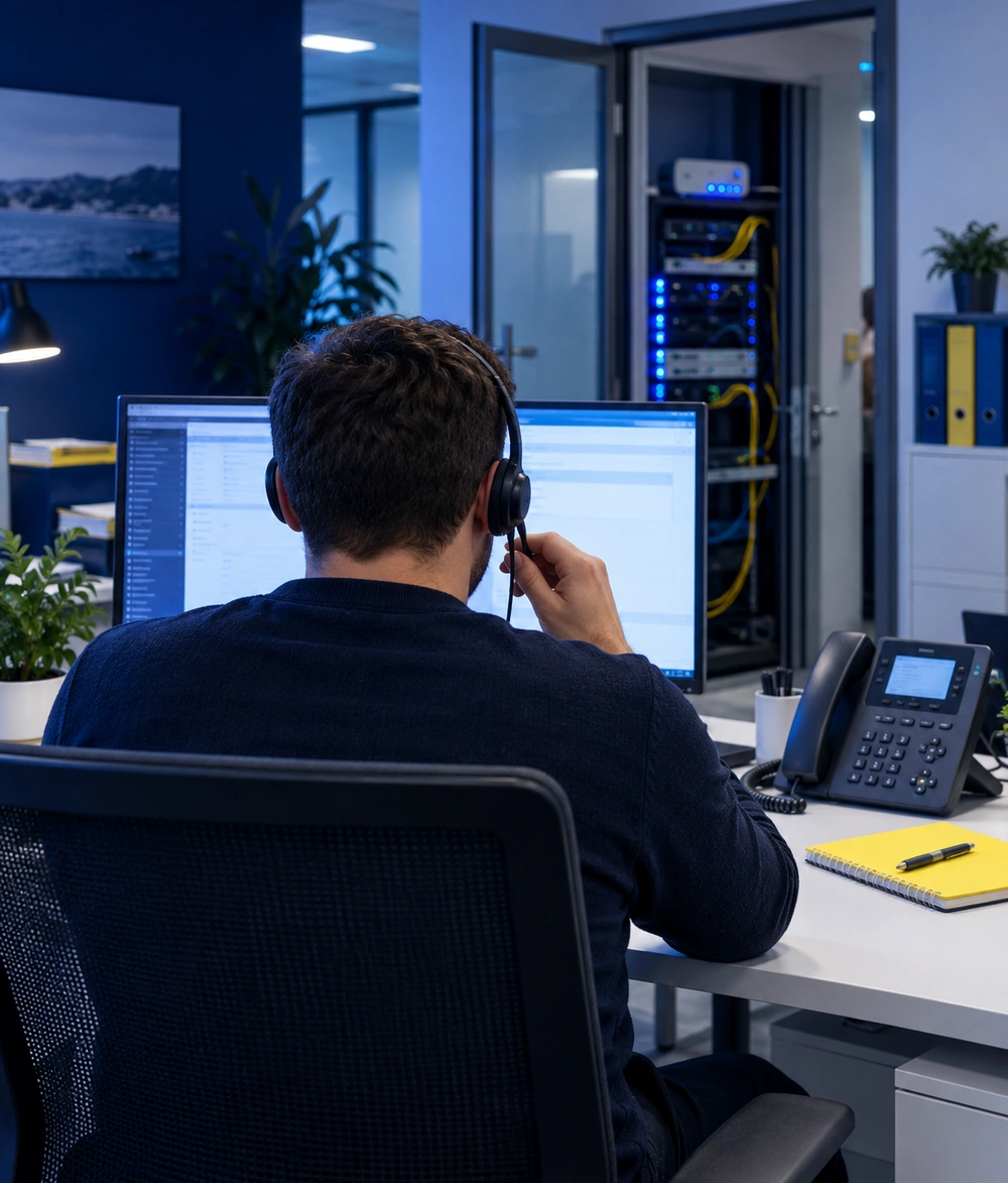 Chargé de clientèle en appel VoIP avec un casque, la baie réseau visible derrière lui