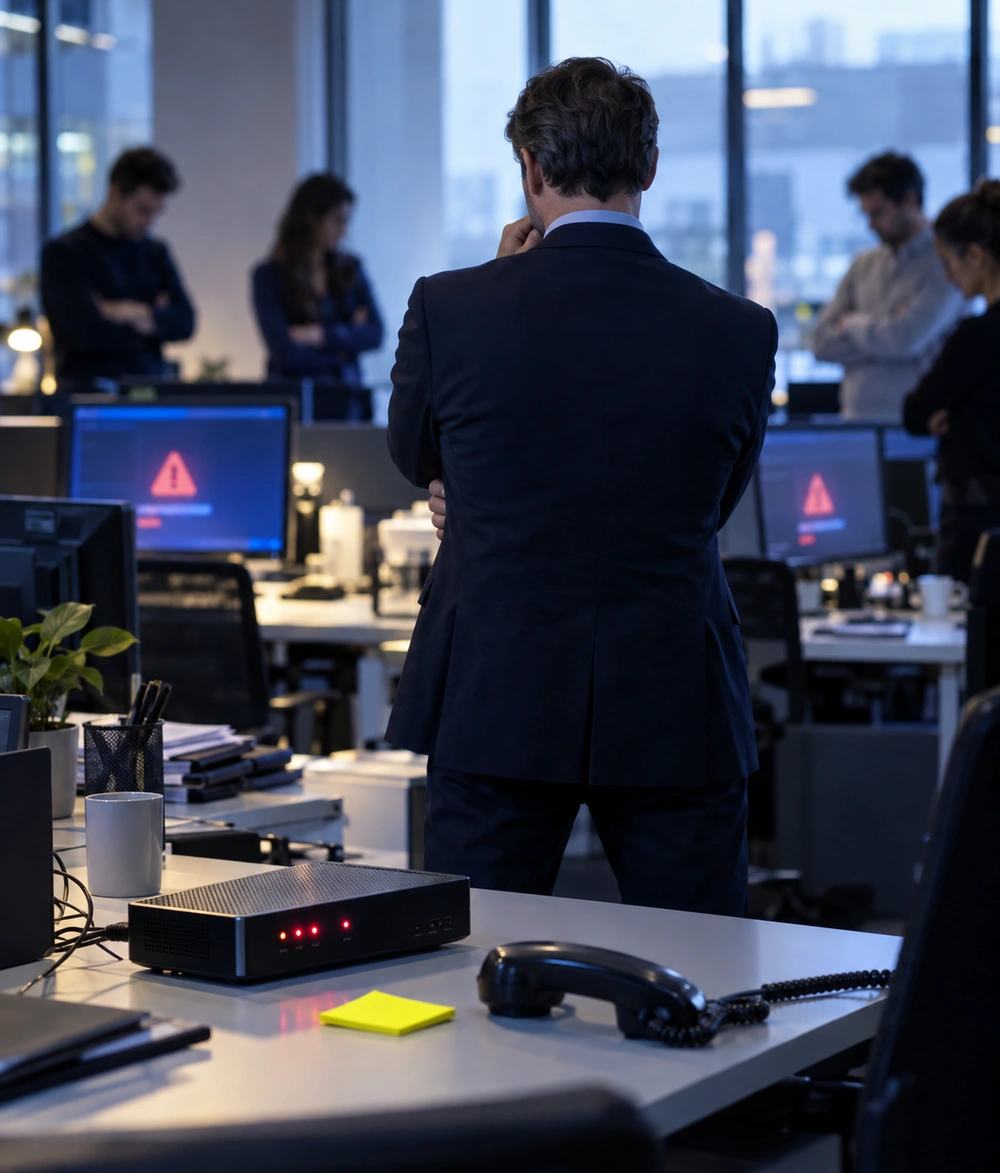Dirigeant devant une équipe à l'arrêt pendant une coupure internet dans un open space