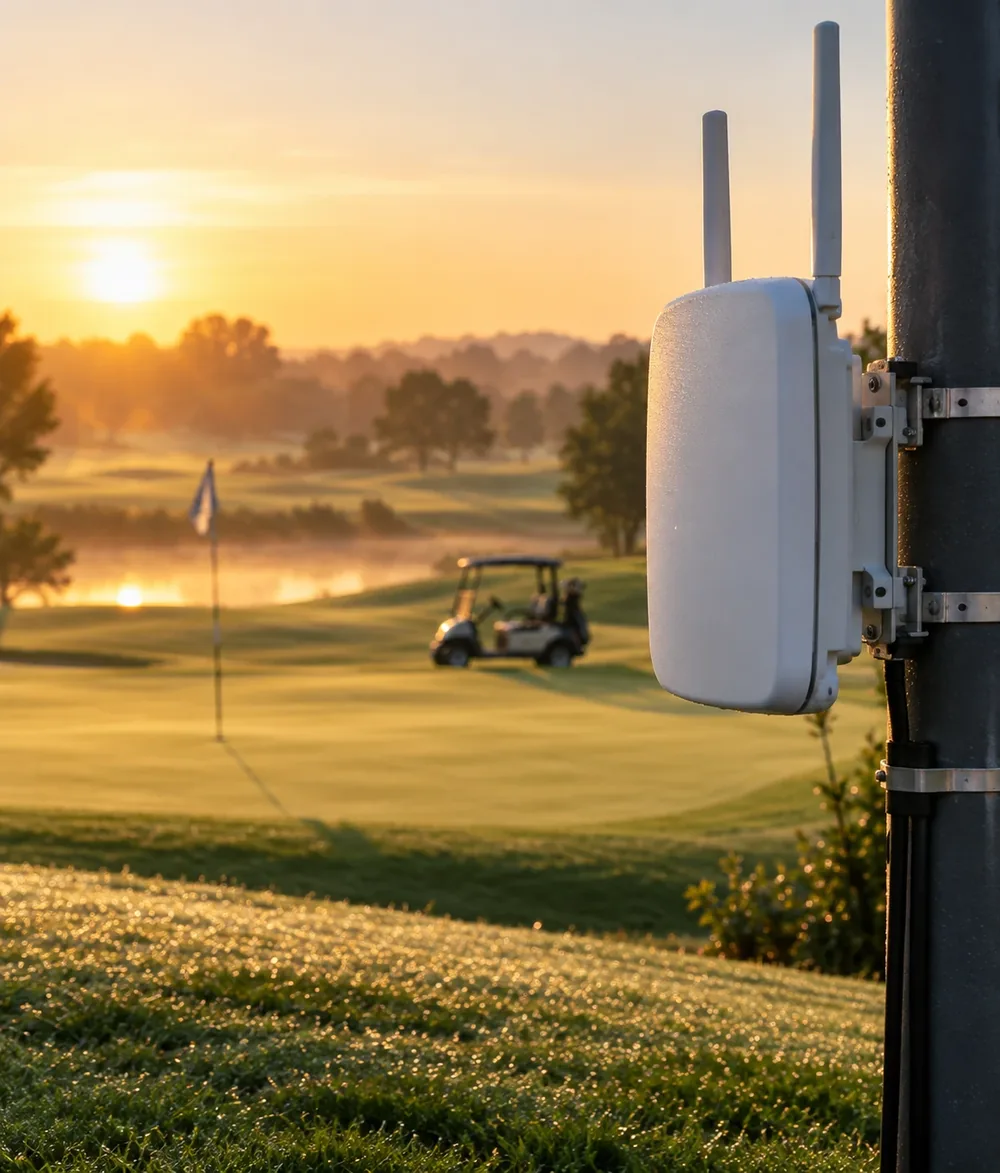 Borne WiFi extérieure installée au bord d'un parcours de golf au lever du jour