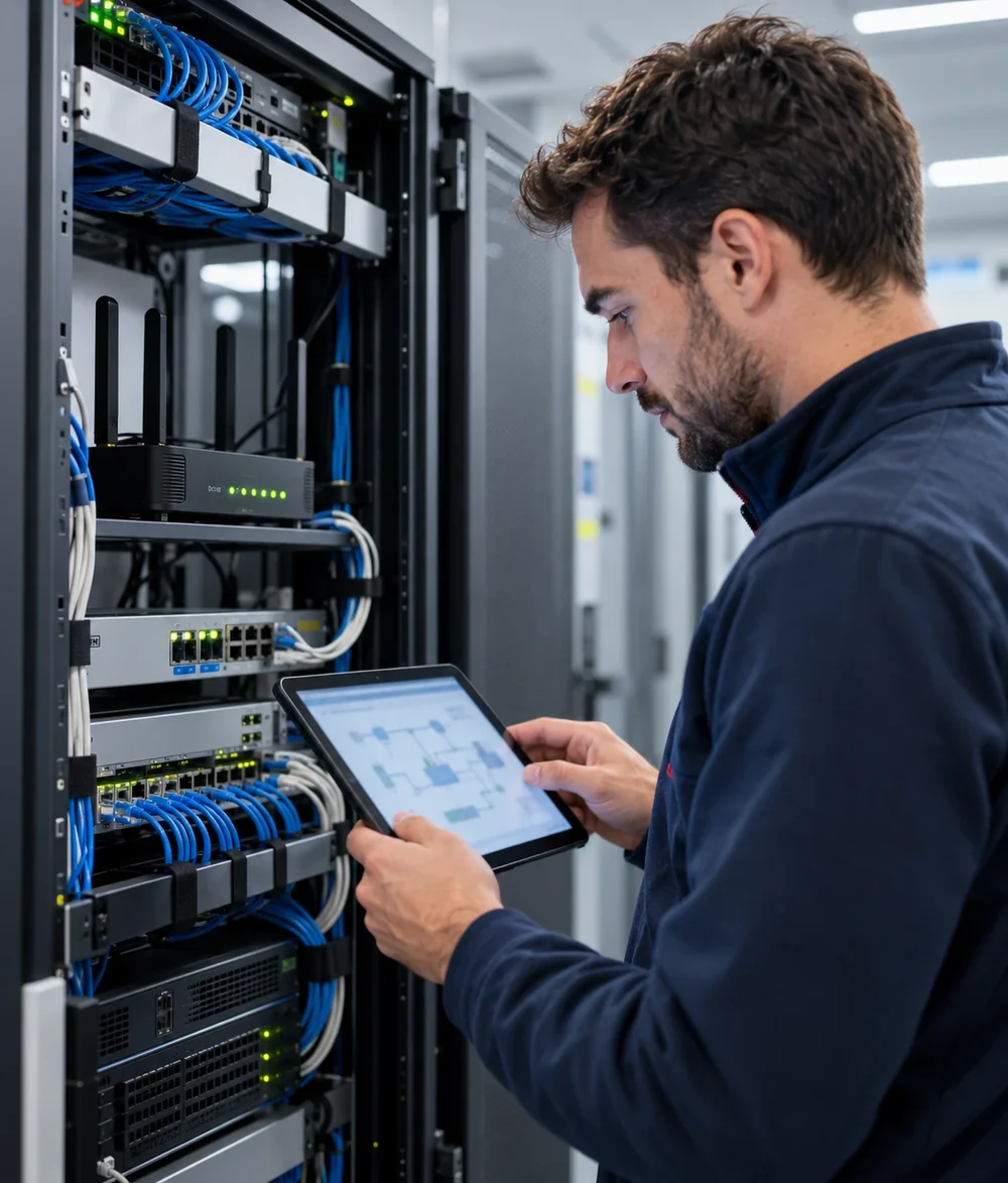 Responsable informatique vérifiant la connexion de secours dans la baie réseau d'une PME