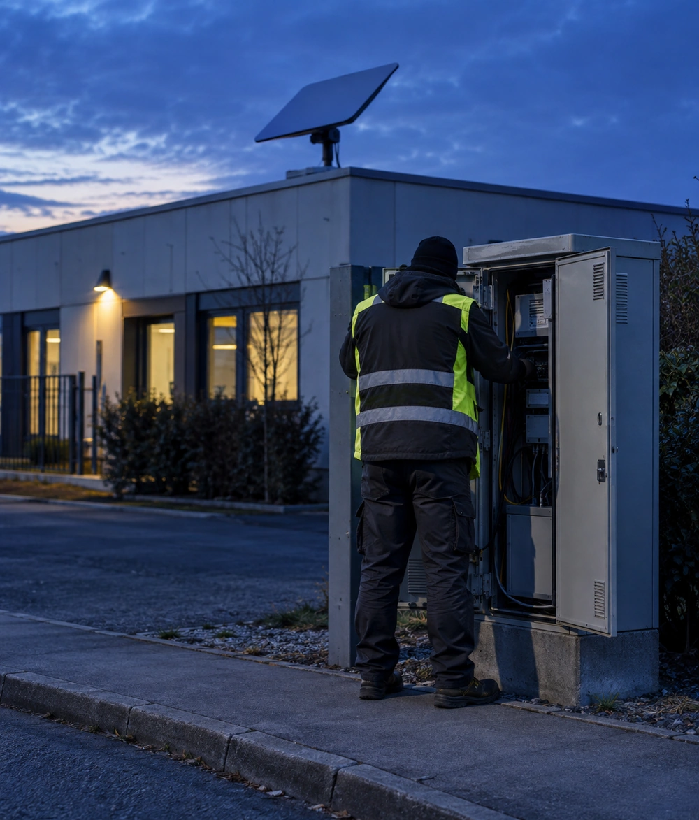 Technicien ouvrant une armoire de rue devant une entreprise équipée d'une antenne satellite