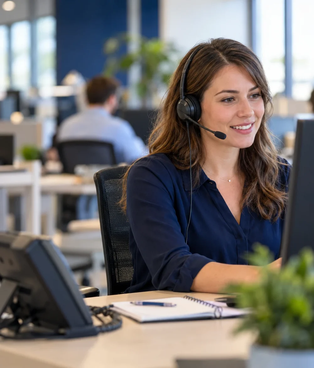 Standardiste d'une PME prenant un appel entrant avec un casque devant son poste de travail
