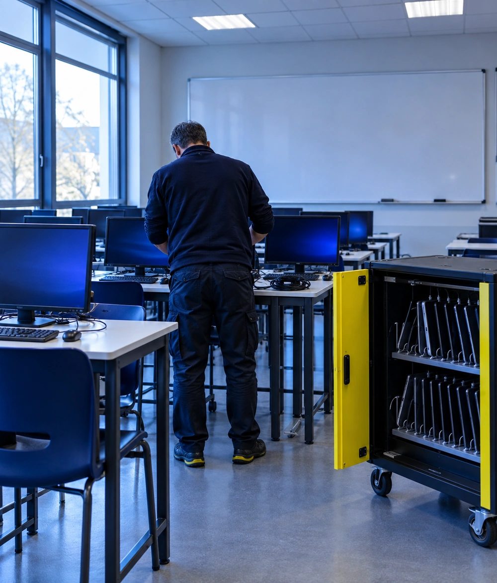 Technicien préparant les ordinateurs et le chariot de tablettes d'une salle informatique de lycée