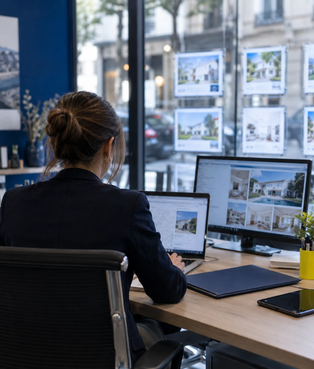 Conseillère d'agence immobilière travaillant sur ordinateur face à la vitrine d'annonces