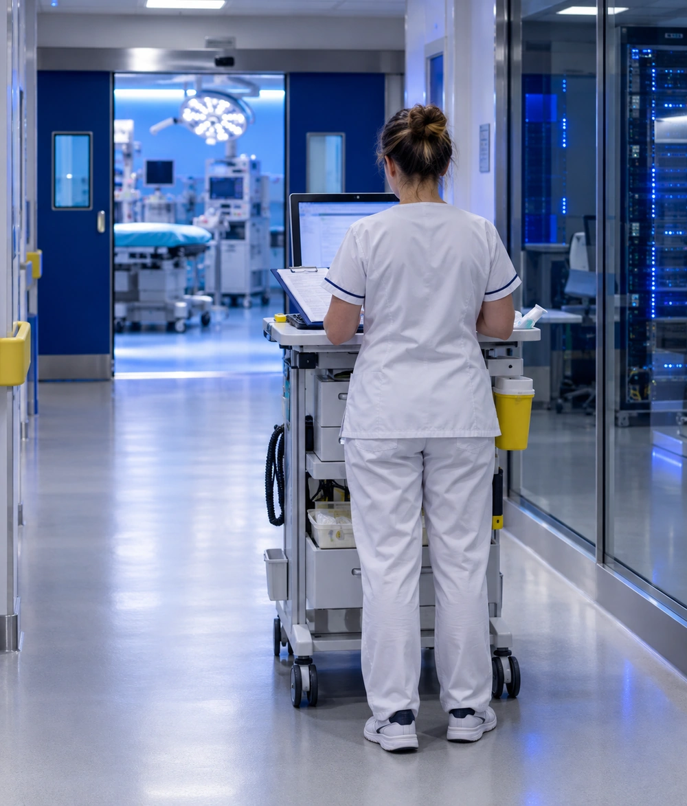 Infirmière consultant un dossier patient sur un chariot informatique dans le couloir d'une clinique