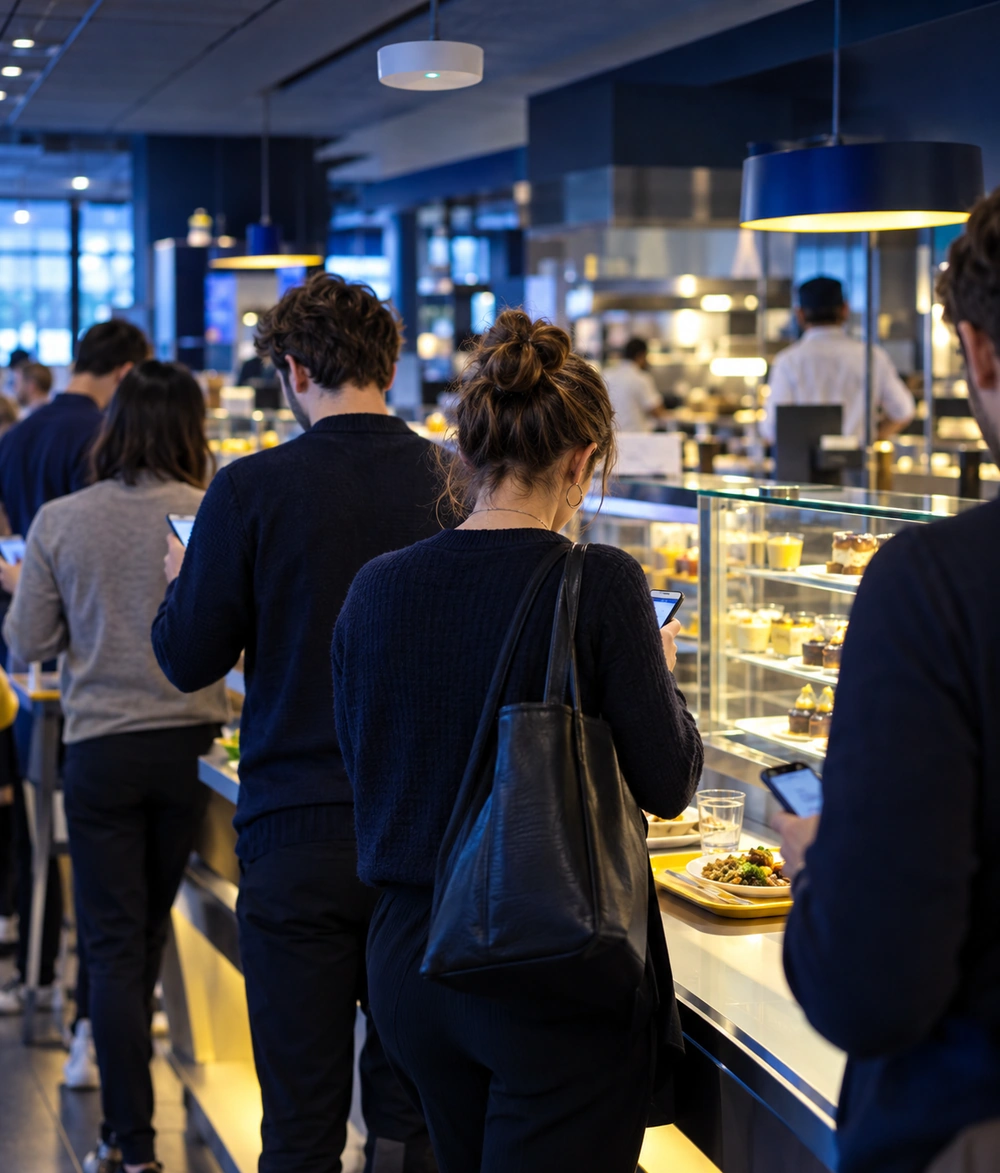 File d'attente au comptoir d'une cafétéria équipée d'une borne WiFi au plafond