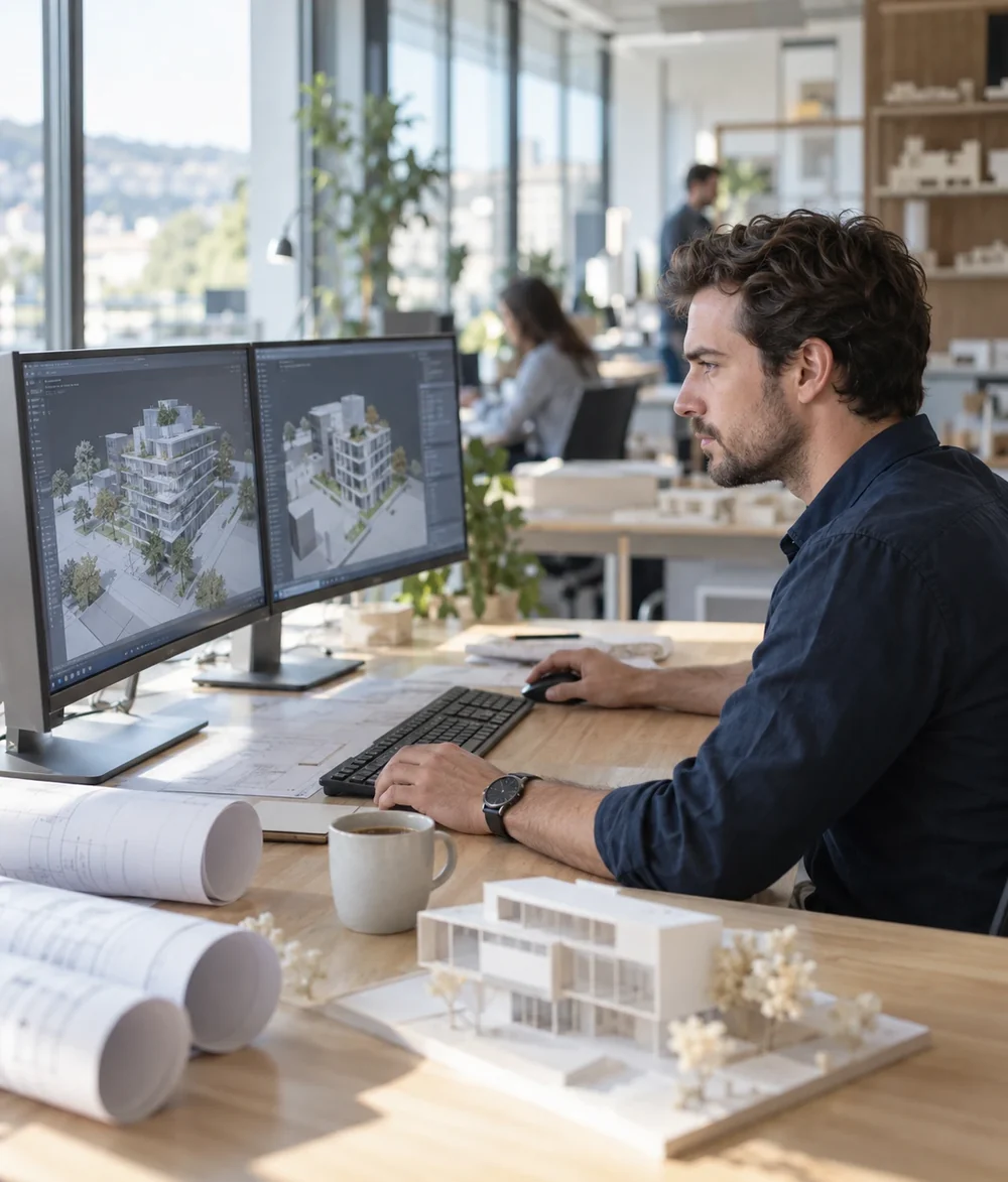 Architecte travaillant sur une maquette BIM en trois dimensions sur deux écrans dans son agence