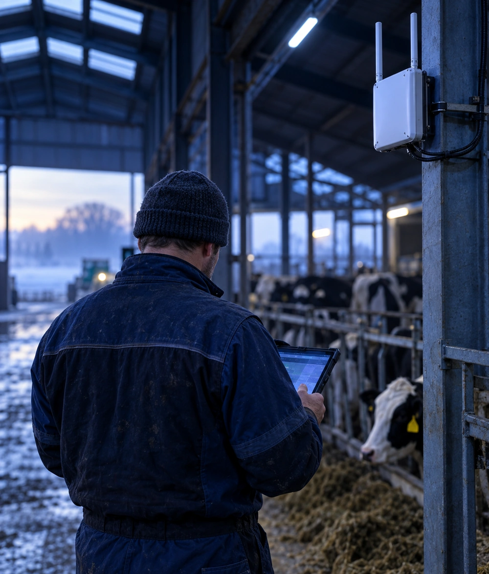 Agriculteur consultant une tablette dans une stabulation couverte par une borne WiFi extérieure