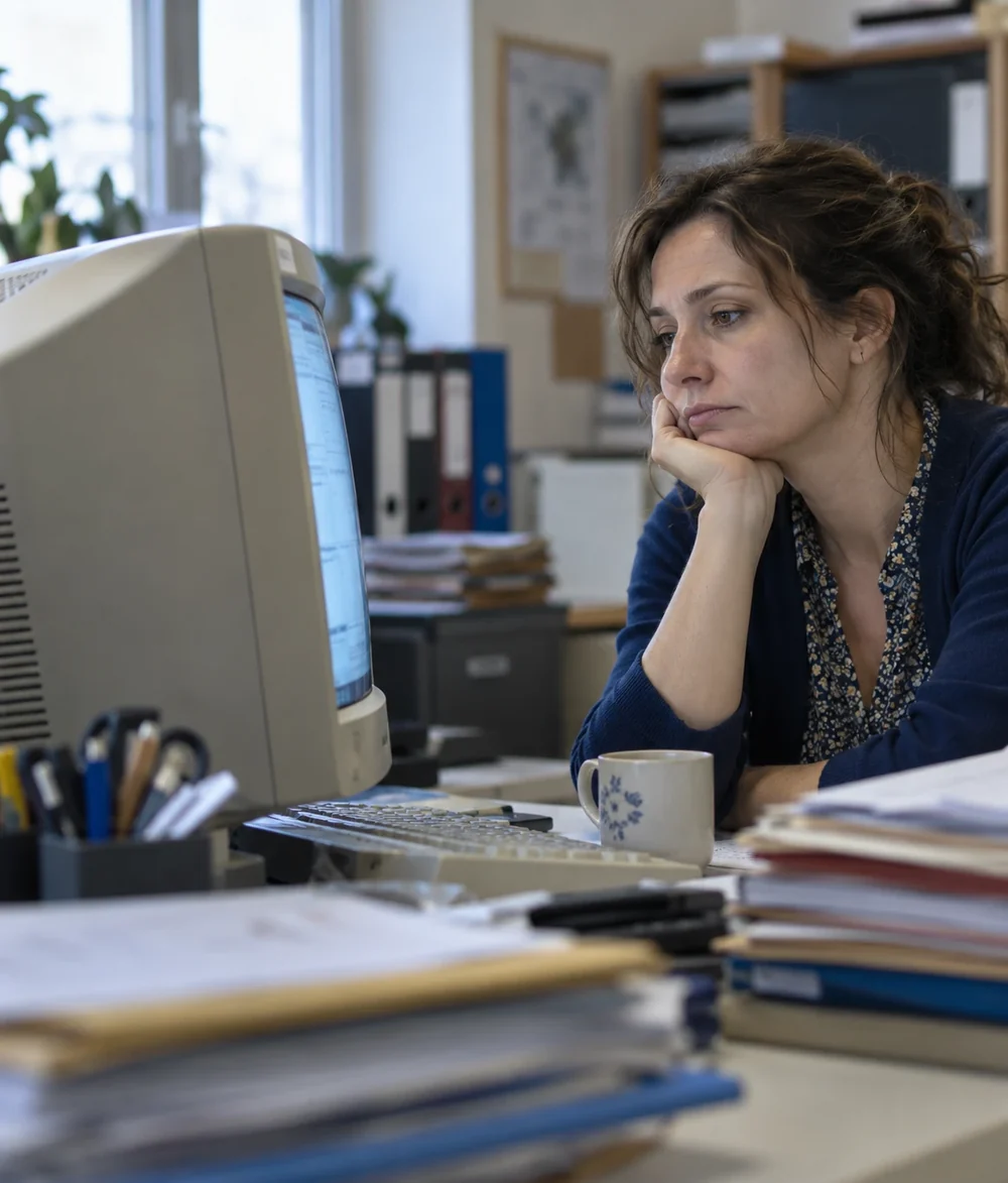 Salariée patientant devant un vieil ordinateur de bureau qui peine à ouvrir un fichier