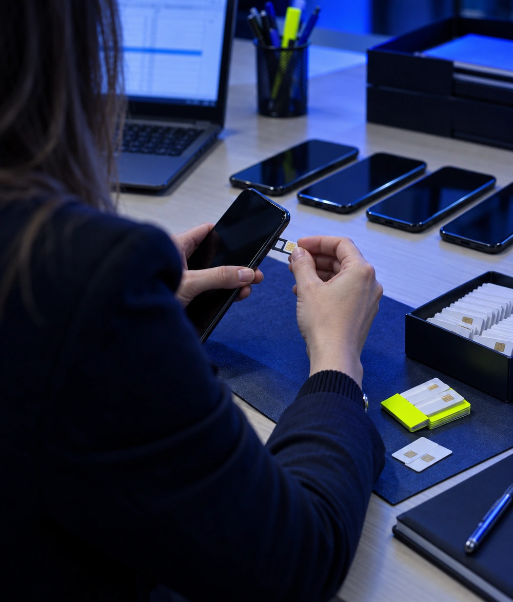 Responsable insérant une nouvelle carte SIM dans un smartphone professionnel lors d'une portabilité