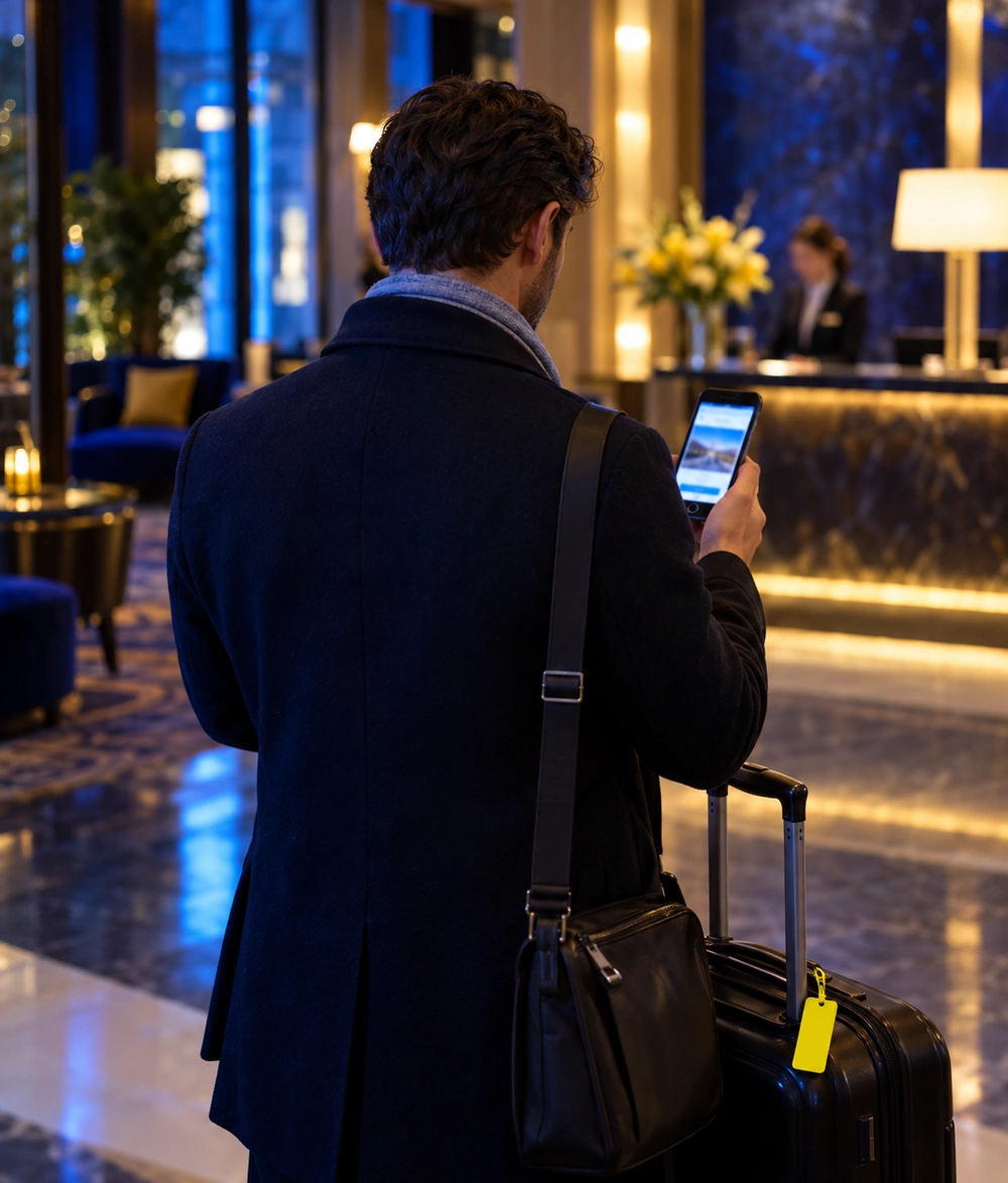 Voyageur se connectant au portail captif WiFi d'un hôtel sur son smartphone