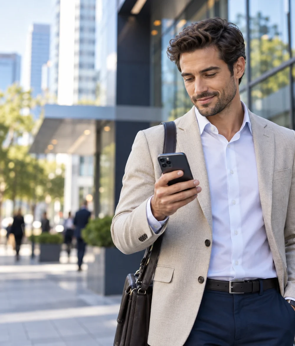 Commercial en déplacement utilisant son smartphone professionnel devant un bâtiment d'entreprise