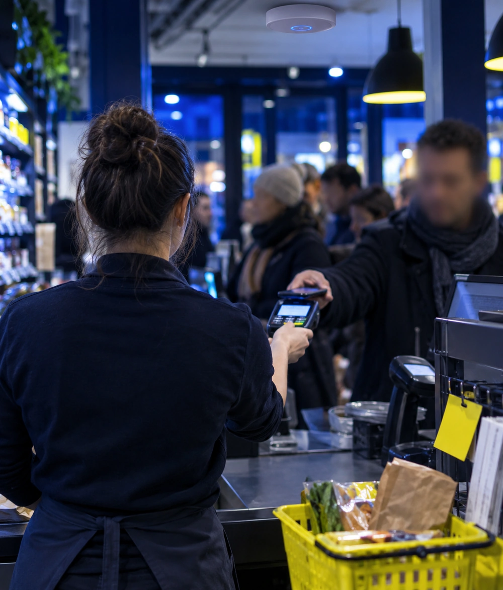 Commerçante encaissant un client sur un terminal de paiement sans fil un soir d'affluence