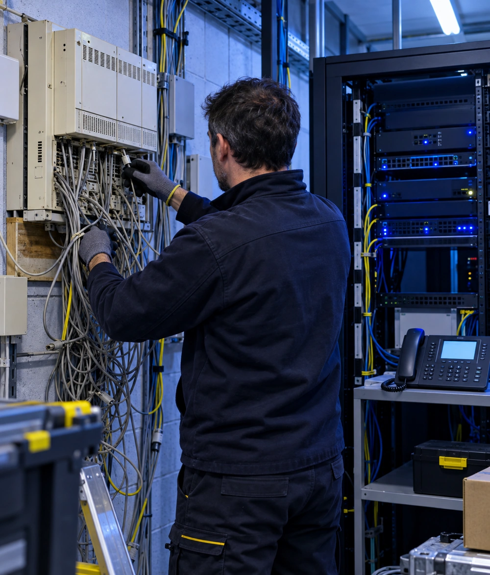 Technicien remplaçant un ancien standard téléphonique PABX par un IPBX dans le local technique d'une PME