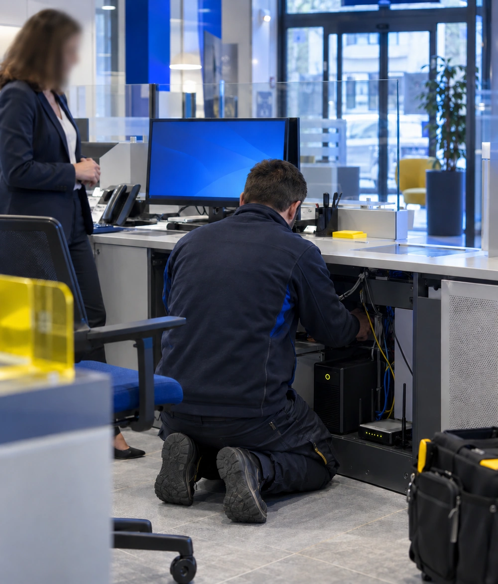 Technicien intervenant sur le poste d'un conseiller dans une agence bancaire
