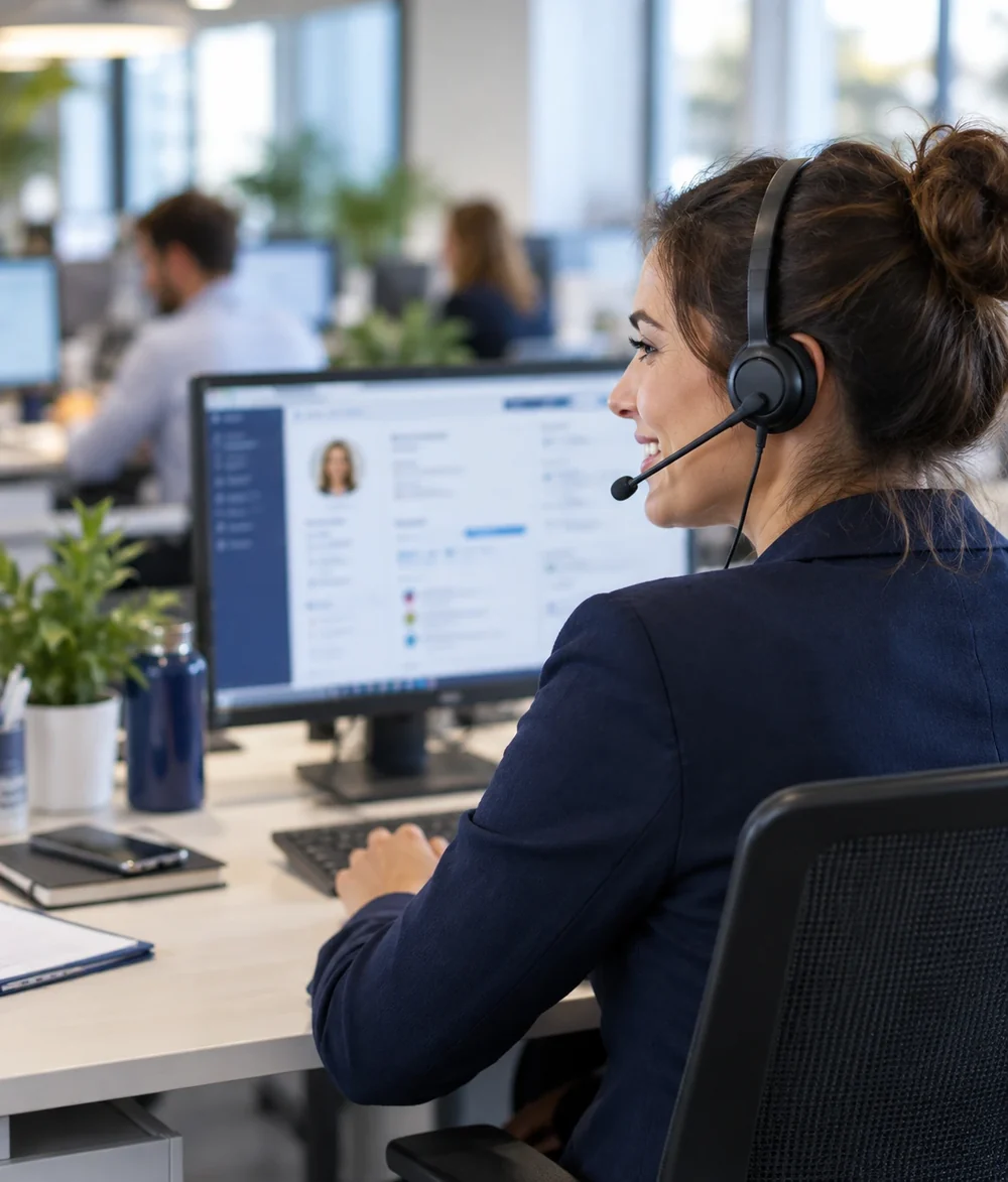 Commerciale au casque consultant la fiche d'un client sur son écran pendant un appel