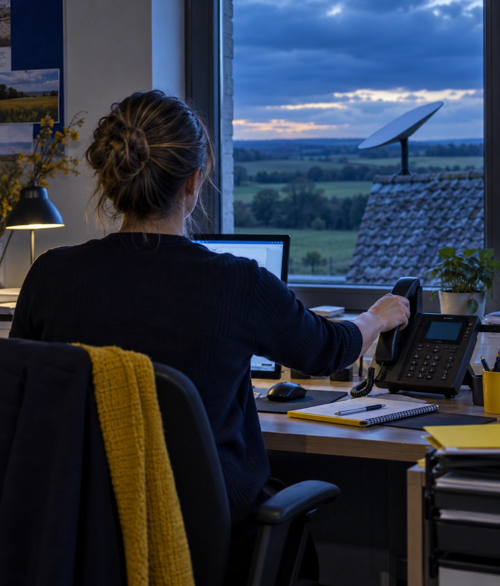 Employée décrochant un téléphone fixe dans un bureau rural relié à Starlink