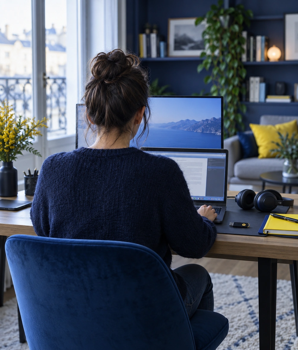 Salariée en télétravail sur un ordinateur professionnel dans son bureau à domicile