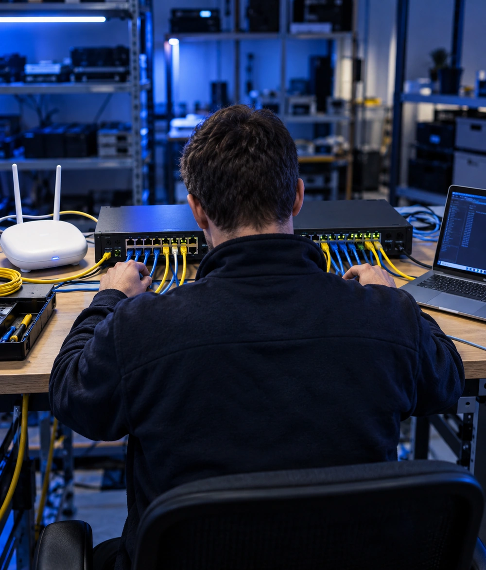 Technicien configurant des switchs réseau et une borne WiFi sur une table d'atelier