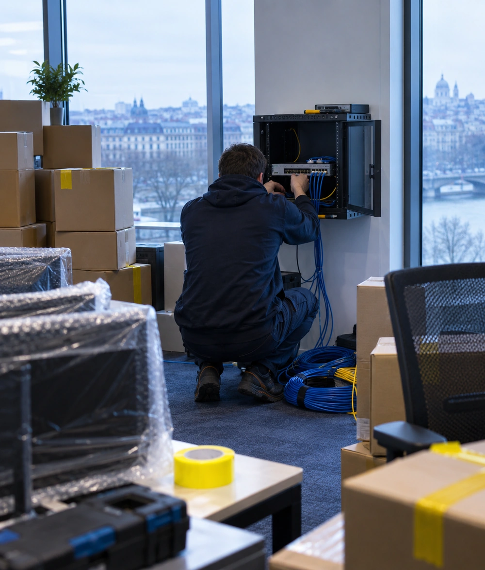 Technicien installant le routeur internet dans les nouveaux bureaux au milieu des cartons de déménagement