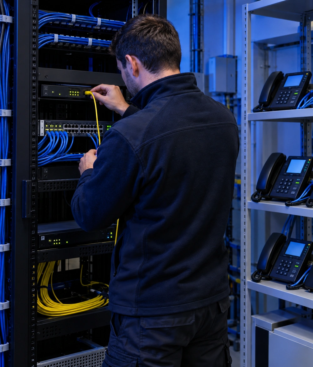 Technicien raccordant la fibre au routeur qui alimente les téléphones IP d'une PME