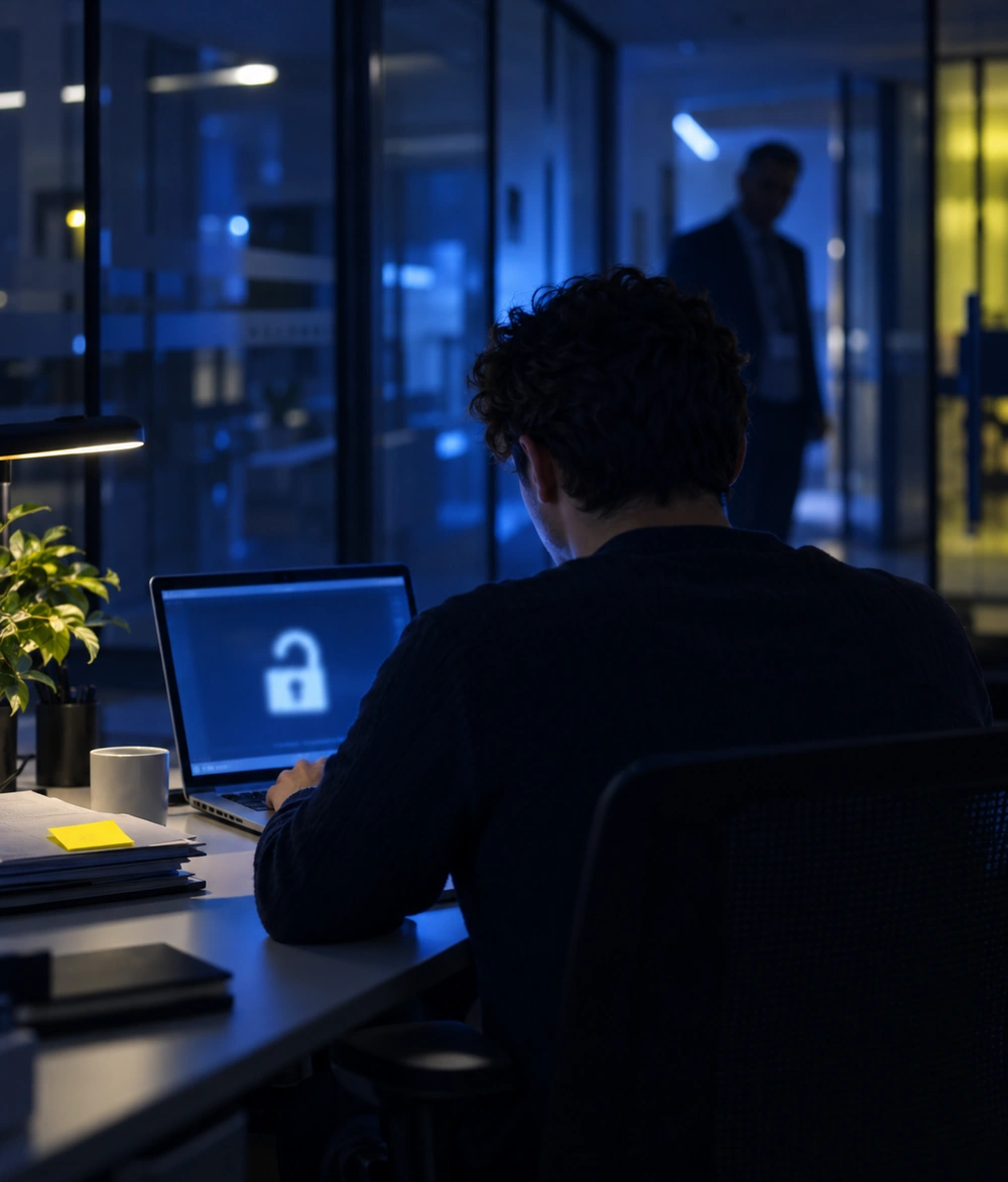 Salarié connecté à un VPN sur son ordinateur portable dans un bureau en soirée