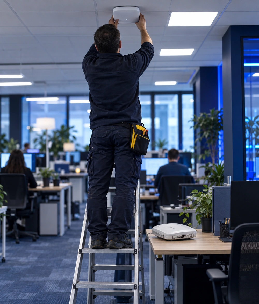 Technicien installant une borne WiFi 7 au plafond d'un open space