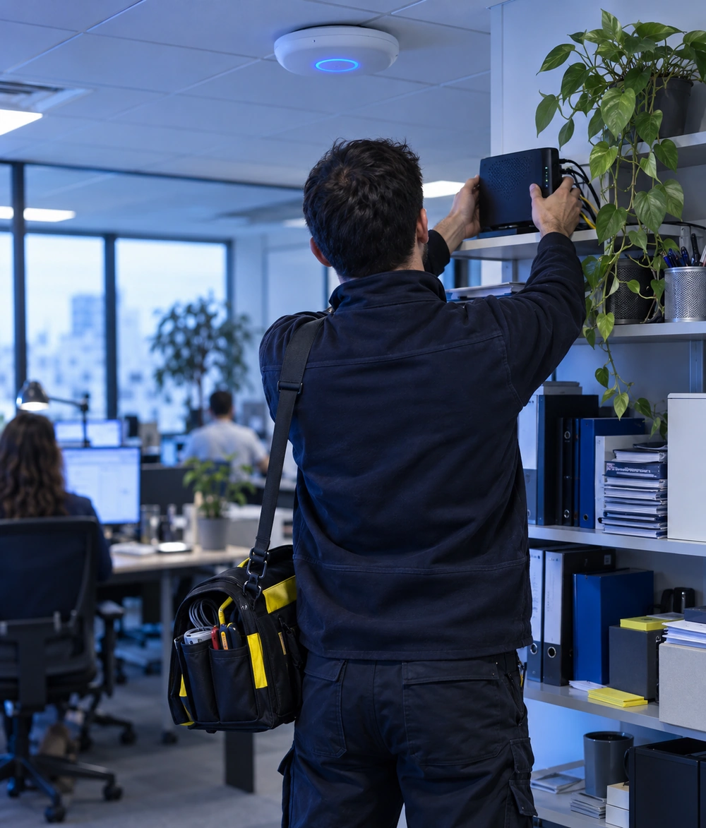 Technicien remplaçant la box internet d'un bureau par une borne WiFi professionnelle