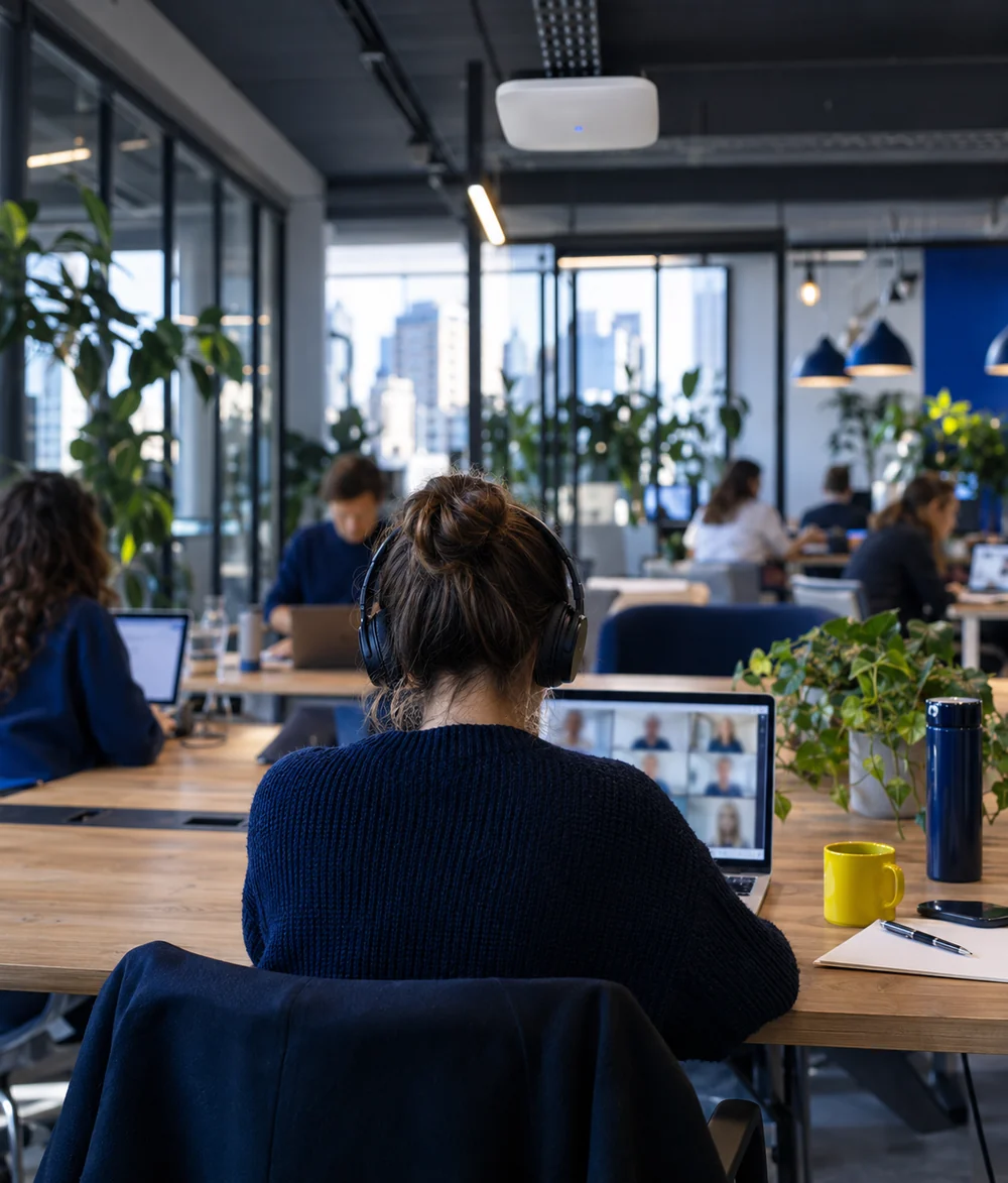 Membres d'un espace de coworking travaillant en visioconférence sous une borne WiFi professionnelle