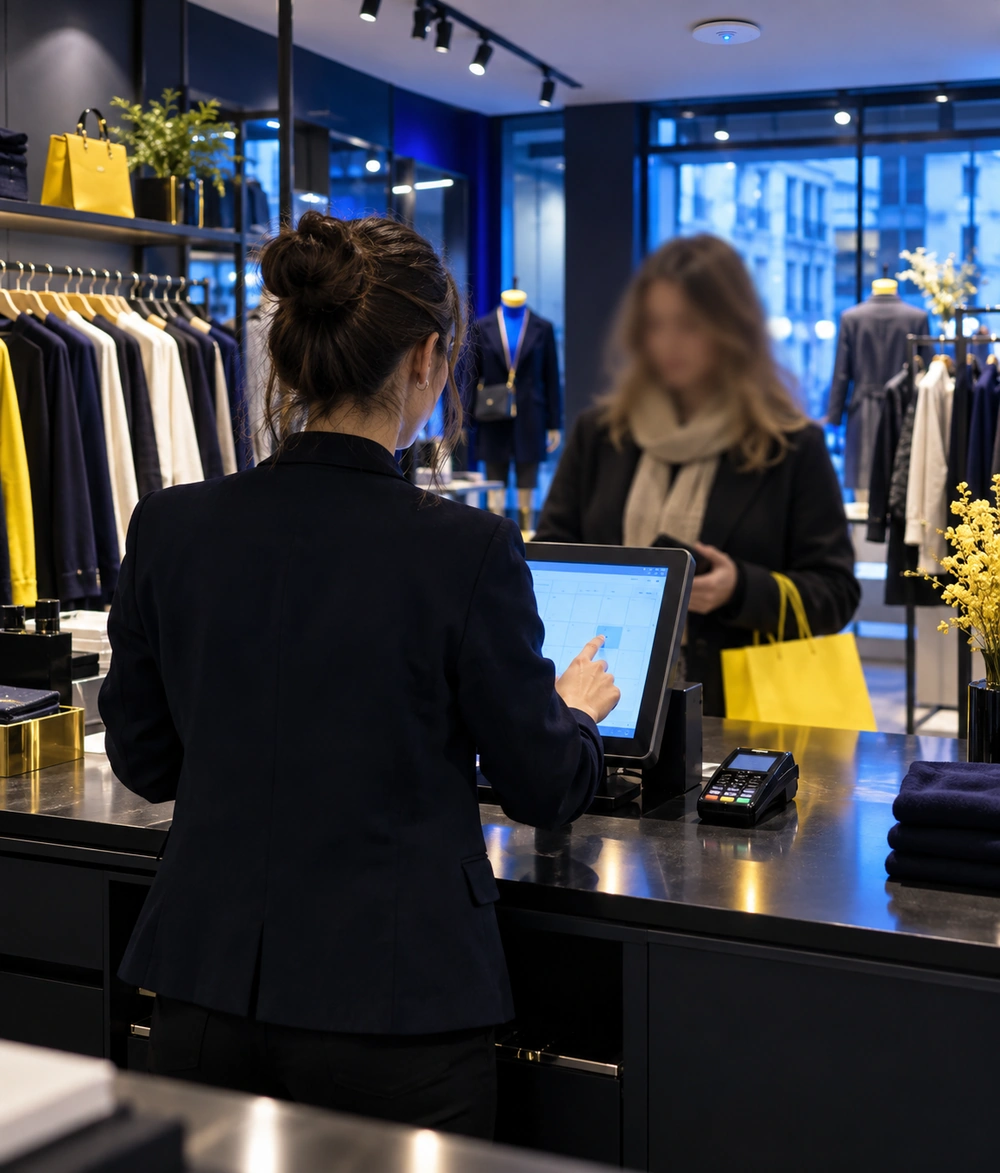 Vendeuse encaissant une cliente sur une caisse tactile connectée dans une boutique