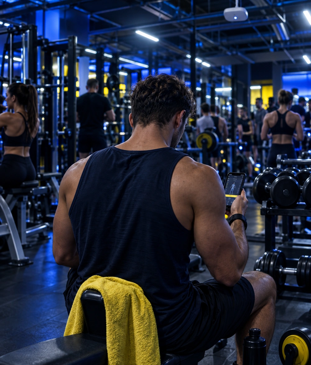 Adhérent consultant son application de coaching sur smartphone dans une salle de sport couverte en WiFi