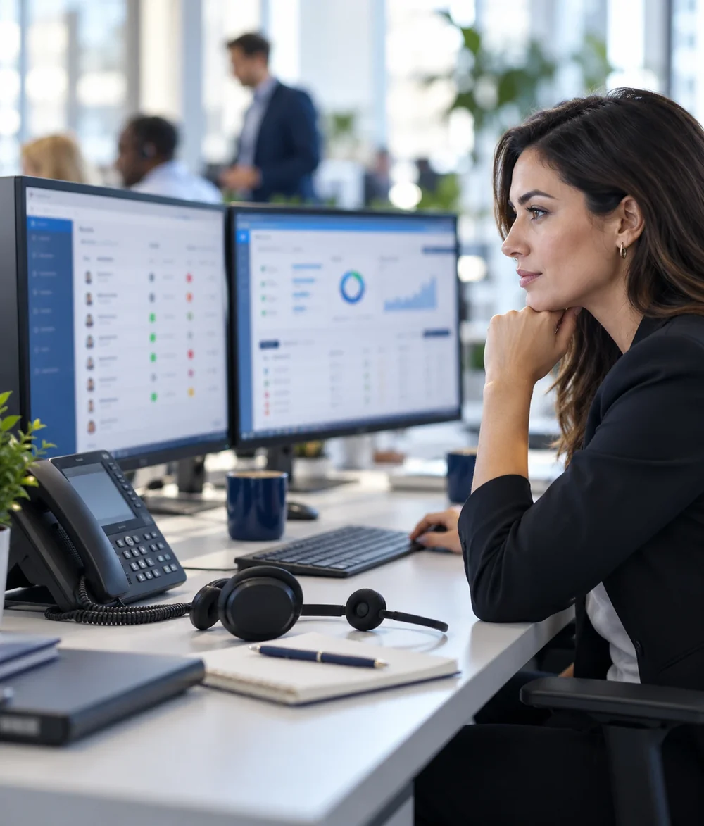 Responsable télécom comparant deux interfaces de standard téléphonique sur son écran