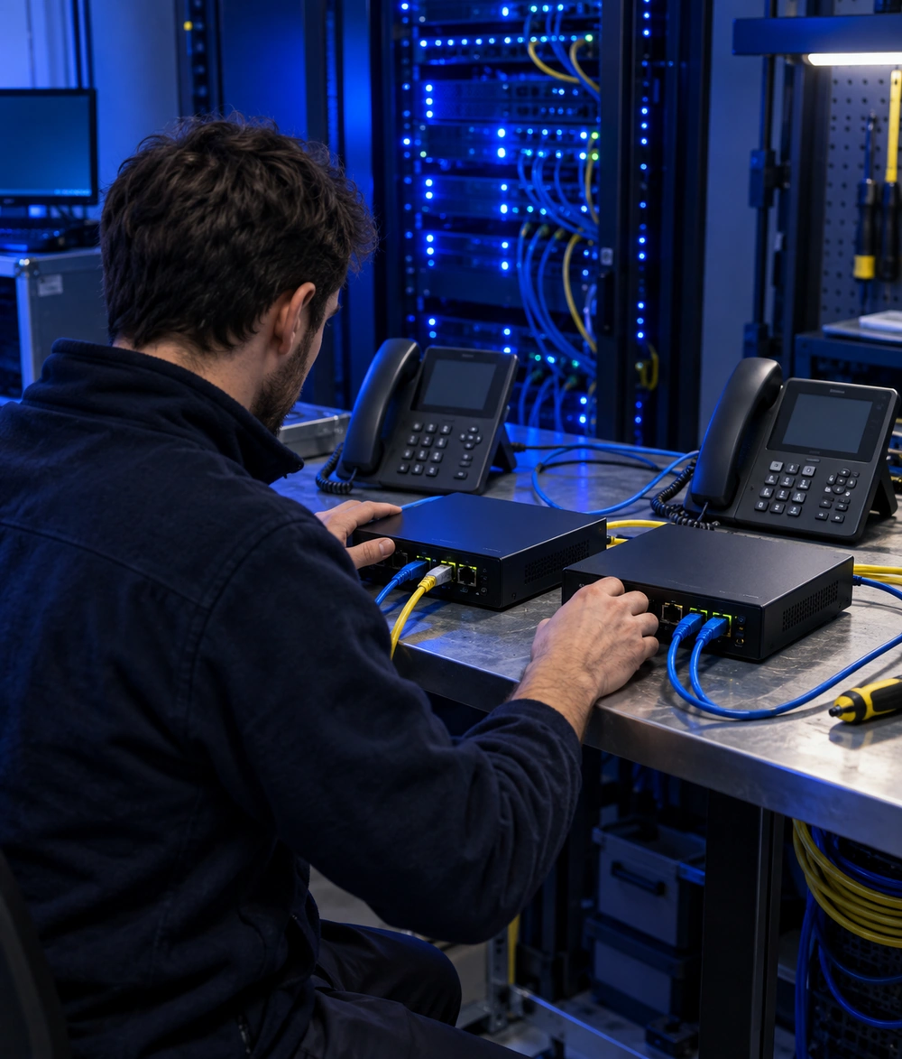 Technicien comparant deux standards téléphoniques IP sur un établi de local technique