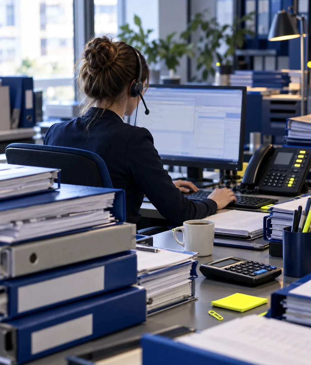 Collaboratrice d'un cabinet comptable au téléphone devant des dossiers fiscaux empilés sur son bureau