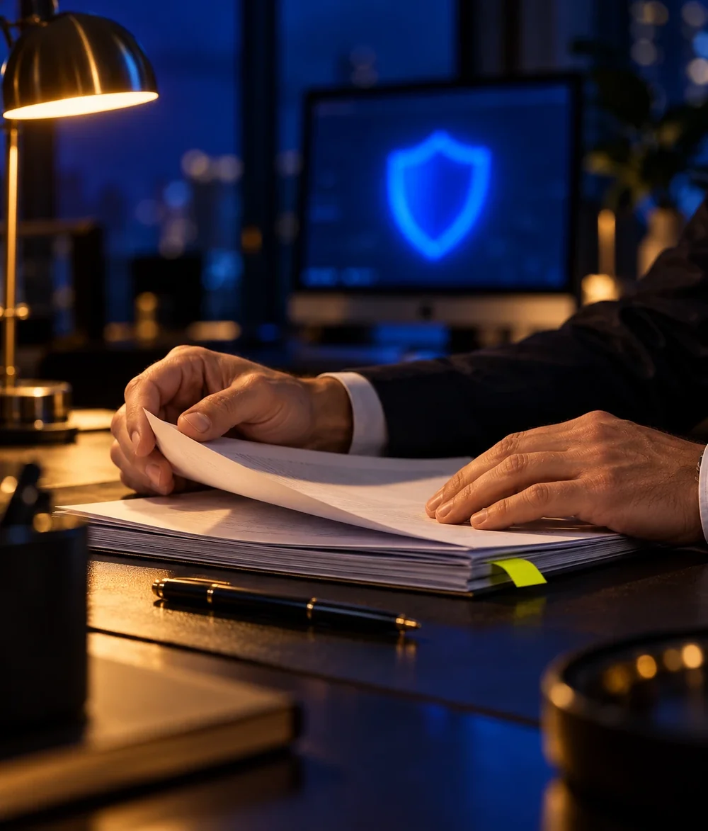 Dirigeant de PME relisant un questionnaire de cyberassurance devant un écran affichant un bouclier de sécurité