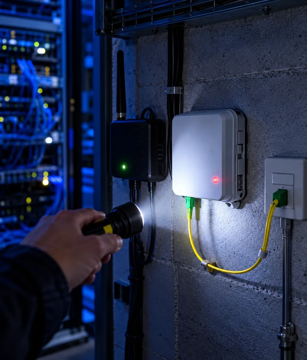 Technicien vérifiant les voyants d'un boîtier fibre optique dans le local technique d'une entreprise