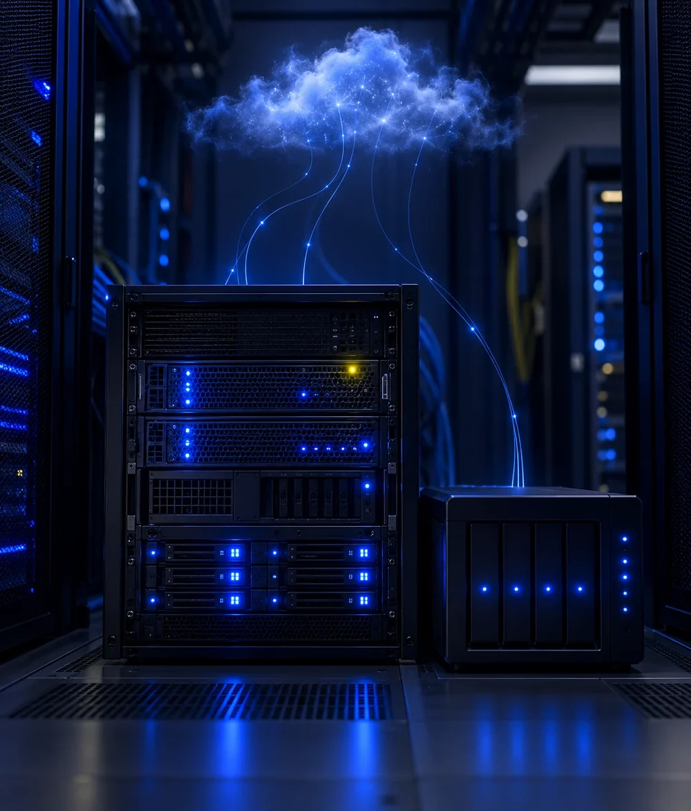 Trois copies de données représentées par un serveur, un disque et un nuage reliés par des flux lumineux