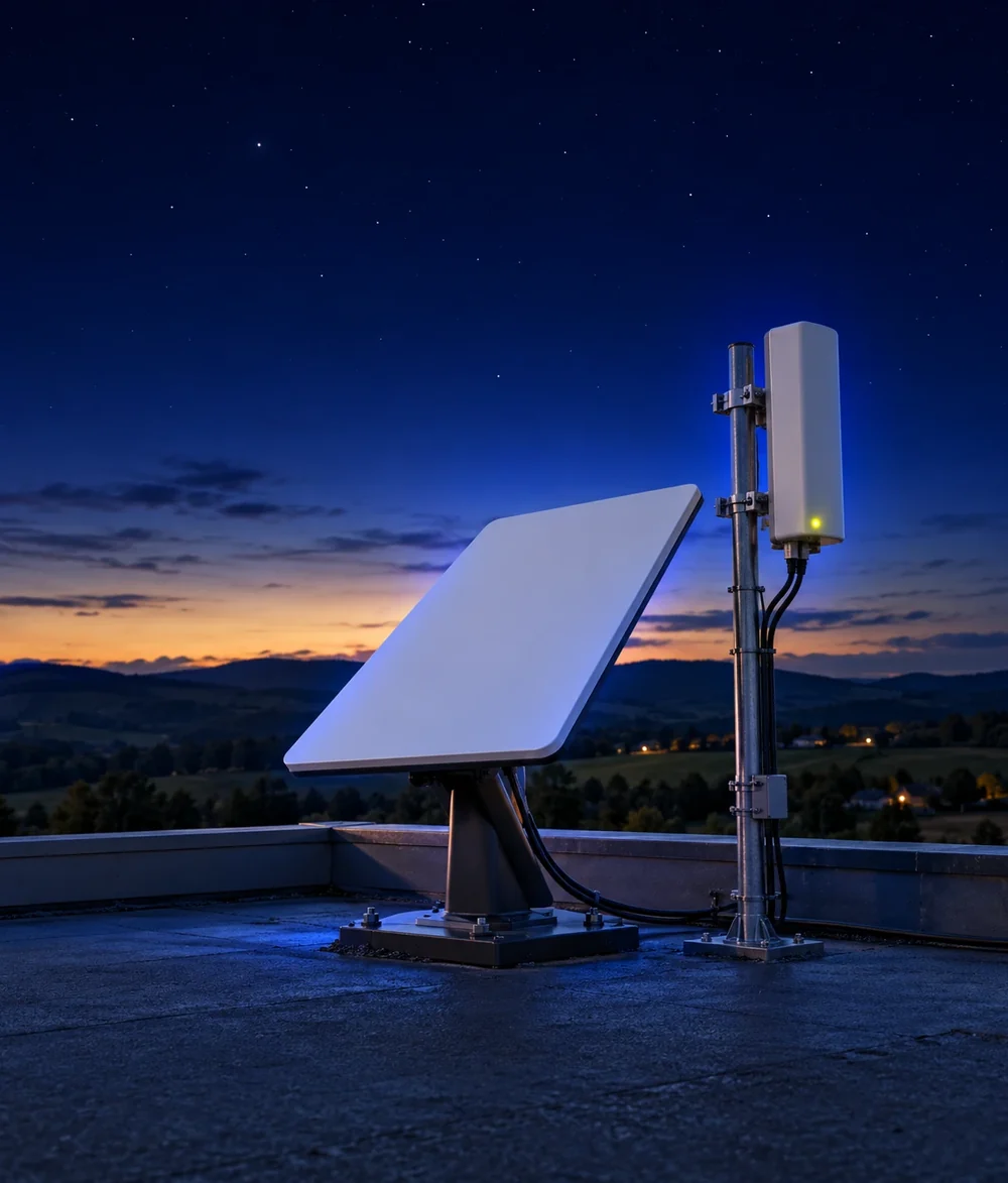 Antenne satellite plate et box 5G posées côte à côte sur le toit d'un bâtiment d'entreprise en zone rurale