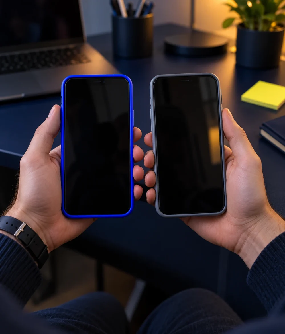 Salarié tenant deux smartphones, l'un professionnel et l'autre personnel, à son bureau