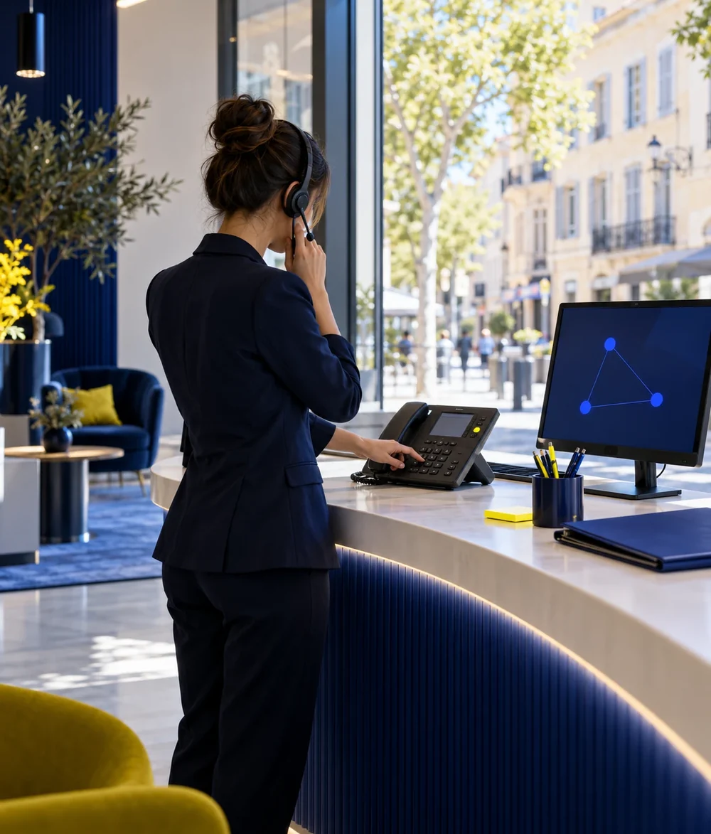 Conseillère d'agence au téléphone transférant un appel vers une autre agence du même réseau